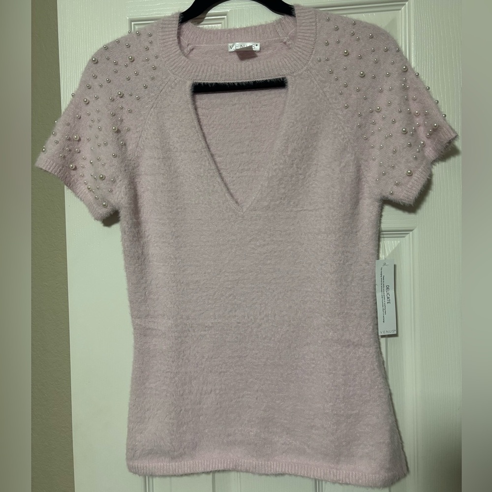 VENUS Pink Embellished Short Sleeve Sweater
